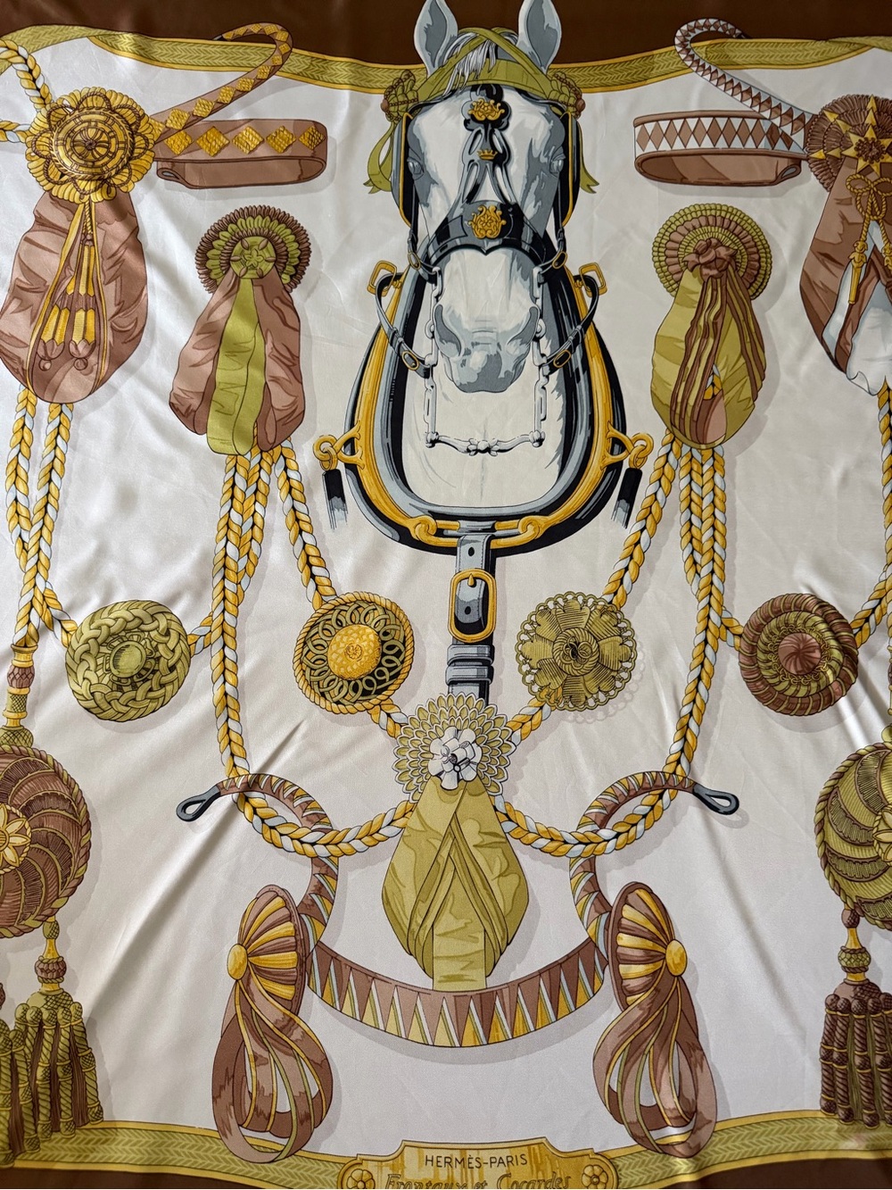 Hermès Paris Equestrian Silk Scarf in Cream, Gold and Brown